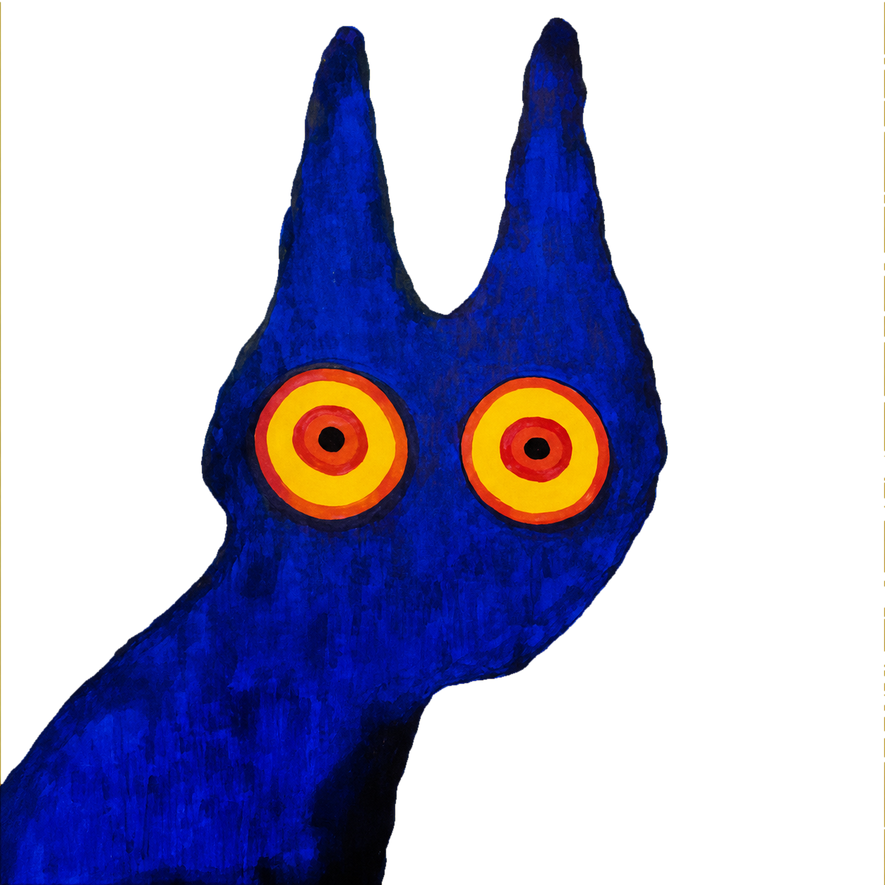 BOOGL, a hand-painted blue creature with huge yellow and red eyes